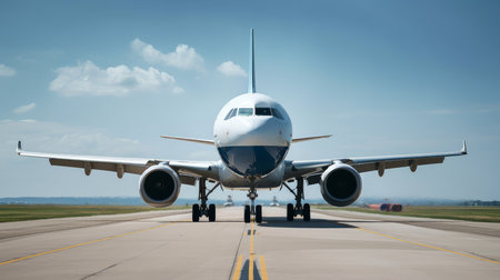 An airplane taxis on the runway at an airport.の写真素材