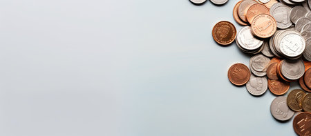 A close-up image of various coins scattered on a light blue background, highlighting their metallic finish and diversity.の写真素材