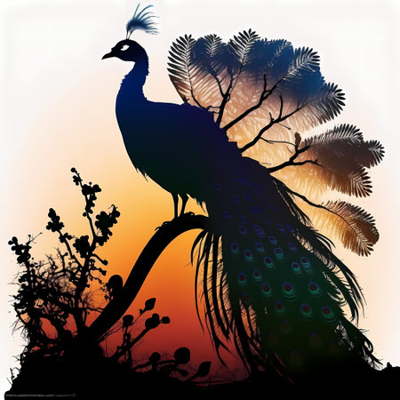 A silhouette of a peacock with its tail feathers spread out against a sunset background. The peacock is perched on a branch of a tree.の写真素材