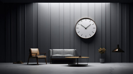 A minimalist living room with a gray wall, a large clock, a couch and armchair, a simple table and a...
