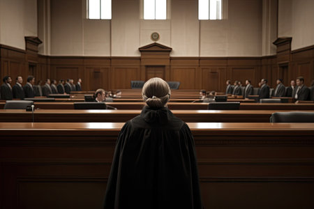 A judge sitting in a courtroom, with a jury in the background.の写真素材