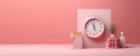 A pink alarm clock on a pink wall with a minimal set of objects. The scene is very simple and elegant.の写真素材