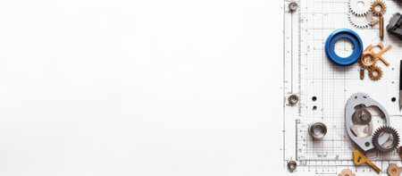 A close up of various mechanical parts on a gridded surfaceの写真素材