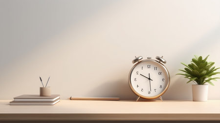 A minimalist desk setup with an alarm clock, a plant, and other essential items. The image exudes a...