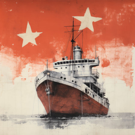 A painting of a ship with stars in the background.の写真素材