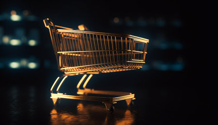 A golden shopping cart on a dark background, illuminated with warm light. The image evokes a sense of retail and consumerism, with a focus on the shopping cart as a symbol of purchasing and consumption.の写真素材