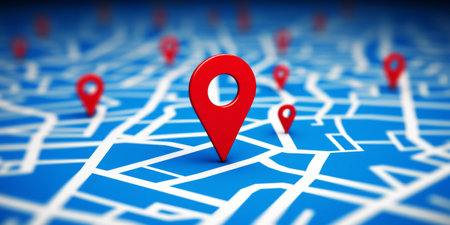 A close-up view of red location pins on a blue map background.