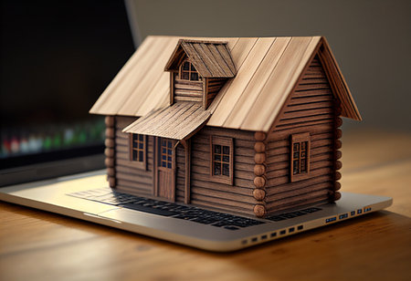 A wooden model of a house sits on top of a laptop computer, representing modern technology and real estate.の写真素材