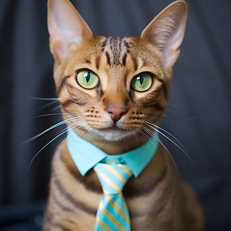 Close up portrait of a cat wearing a tie, looking directly at the camera with green eyes.の写真素材