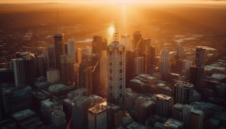 Aerial view of a city skyline at sunset, with golden light illuminating the skyscrapers and creating a warm, inviting atmosphere.の写真素材