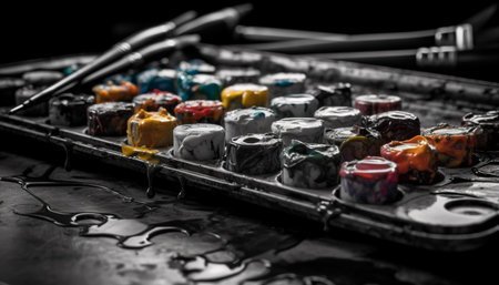 Close up of a palette with various paint colors on it and paint dripping down the side. The palette is made of metal and has a black and white background. The paints are bright and vibrant.の写真素材