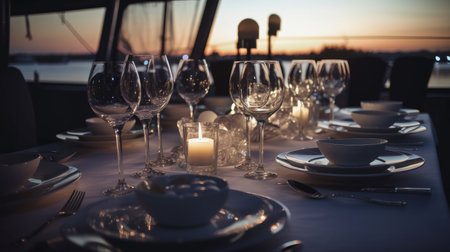 A romantic dinner setting on a yacht at sunset with beautiful water and city views.の写真素材