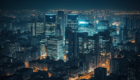 Aerial view of a modern city at night, illuminated skyscrapers, a stunning cityscape.の写真素材