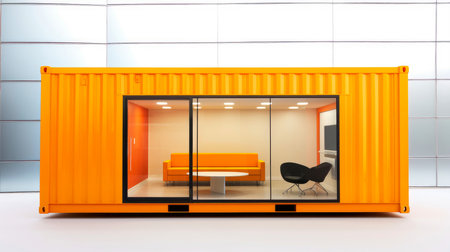 An orange shipping container converted into a modern office with a glass wall, black chairs, a couch and a table. The interior is clean and spacious.の写真素材