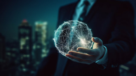 A businessman holding a glowing sphere of network connections, symbolizing a vision of future technology and global connection.の写真素材