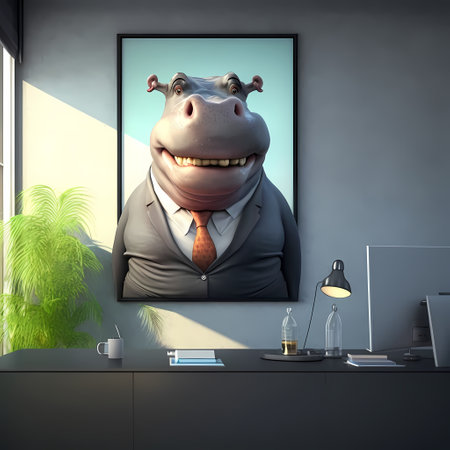 A smiling hippopotamus wearing a suit hangs on a wall in an office setting.の写真素材