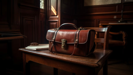 A vintage leather briefcase rests on a wooden table, in a dimly lit room. The briefcase's rich brown leather and the worn wood of the table create a sense of classic style and old-world charm.の写真素材