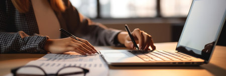 A woman works on a laptop and documents in a well-lit office setting.