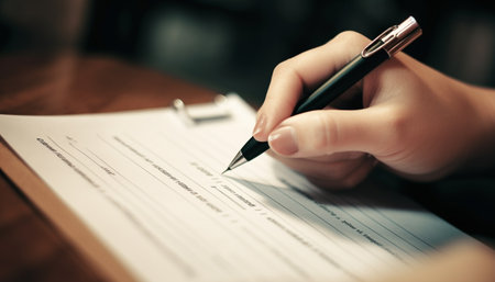 A hand signing a document with a pen on a desk.