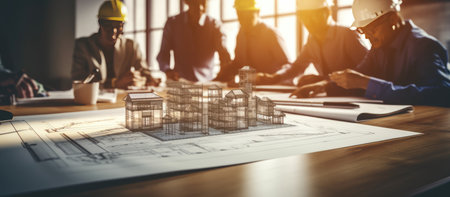 A team of architects and engineers are working on a construction project. They are gathered around a table with blueprints, a model of the building, and other construction materials.の写真素材