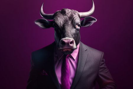 A black bull with horns wearing a formal suit against a dark purple background.