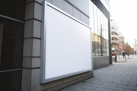 A blank billboard mounted on the side of a building in a city setting. The billboard is white and...