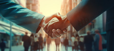 Two businessmen shaking hands in a city setting, signing a successful business deal or agreement.