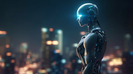 A futuristic robot standing in a city with glowing lights in the background, representing the intersection of technology and urban life.の写真素材