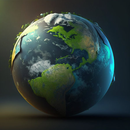 A detailed 3D rendering of the Earth, showing its continents, oceans, and clouds. The globe is rendered in a realistic style with accurate textures and lighting.の写真素材