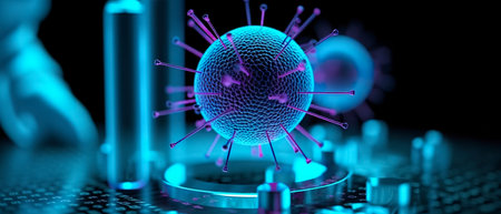 A 3D rendering of a coronavirus, showing the virus's structure and spikes. The image is visually impactful and highlights the importance of research and understanding in combating the pandemic.の写真素材