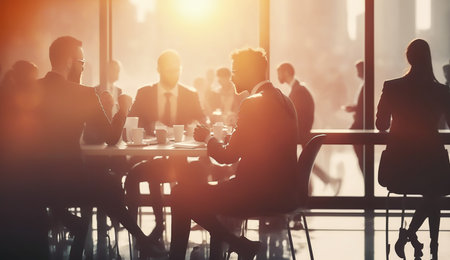 Silhouettes of business people in a meeting, during a sunny day.