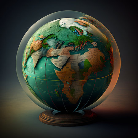 A close-up of a detailed vintage globe encased within a transparent glass sphere, highlighting the intricate map and continents of our planet.の写真素材