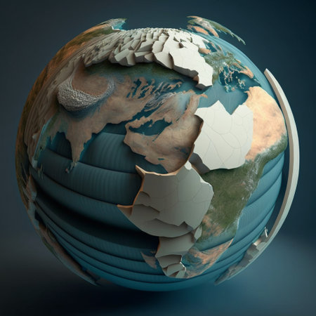 A stylized 3D representation of Earth with layered continents, creating an abstract and futuristic feel.の写真素材