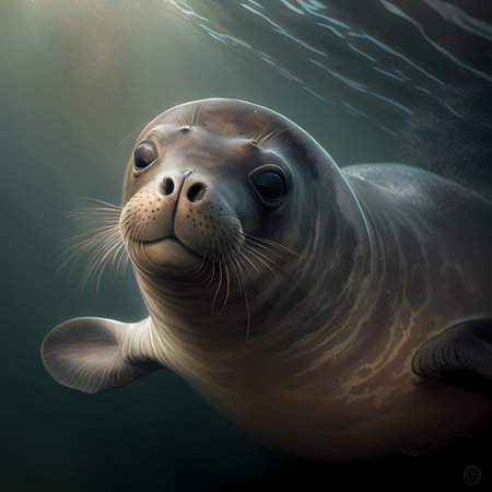 A close-up portrait of a monk seal swimming underwater, its whiskered face and inquisitive eyes peering towards the surface. The seal's sleek dark fur and the shimmering water create a beautiful image.の写真素材