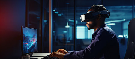 A man in a dark office using a VR headset, a computer and a keyboard, showcasing the latest...