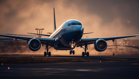 A commercial airplane landing on a runway at sunset, with a view of the city skyline in the backgroundの写真素材