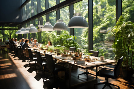 A group of people sit at a long table in a modern meeting room with large windows overlooking a...