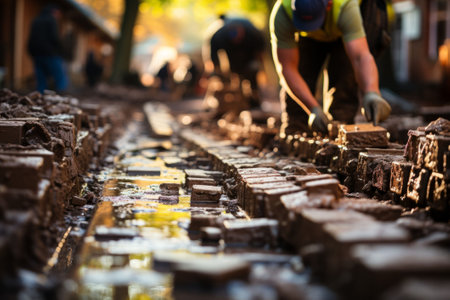 Construction workers lay bricks in a muddy streetの写真素材