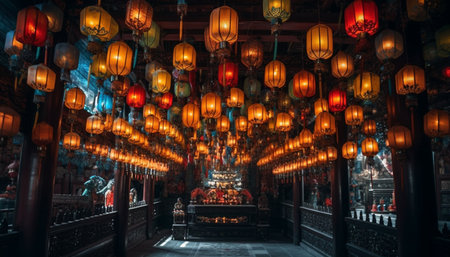 Illuminated lanterns hang from the ceiling inside a Chinese temple, creating a warm and inviting atmosphere.の写真素材