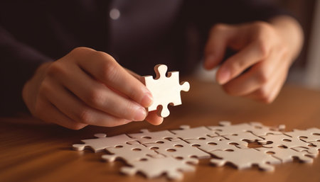 A hand placing the final piece of a wooden jigsaw puzzle, symbolizing the completion of a task or...