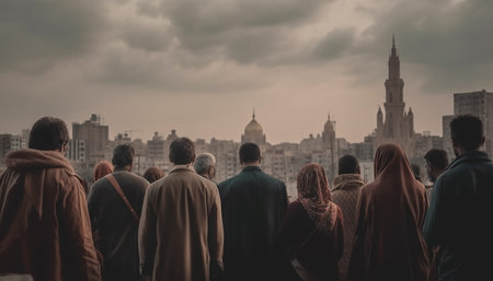 A group of people stand back-to-back looking at the city, the sky is gray and overcast.の写真素材