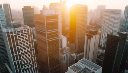 A stunning aerial view of a modern city at sunrise, showcasing a dense cluster of skyscrapers bathed in golden light.の写真素材