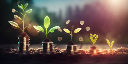 A row of plants, each growing larger, planted on stacks of coins. Coins are floating in the air symbolizing growth and investment.の写真素材
