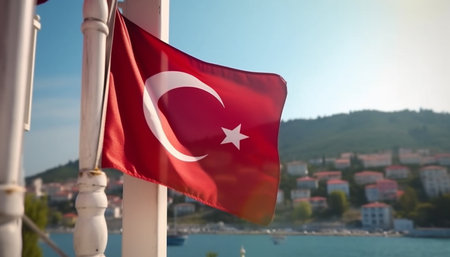 A close-up shot of a Turkish flag waving in the wind with a town and sea in the background