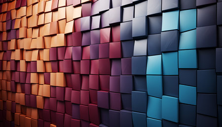 Abstract 3D digital illustration of colorful cubes forming a wall with a gradient from orange to...