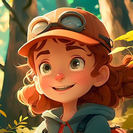 A close-up illustration of a smiling girl with red hair and goggles, wearing a orange hat. She looks happy and adventurous. The background is green and sunnyの写真素材