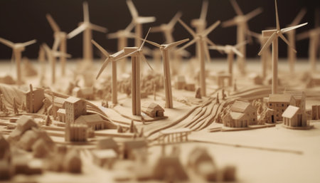 Close-up shot of a wooden model of a city with numerous wind turbines, showing a sustainable and eco-friendly approach to urban developmentの写真素材
