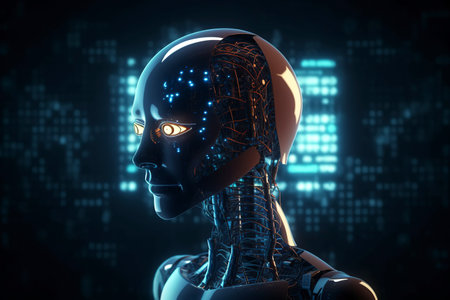 A close-up of a robotic head, showing the intricate details of its internal circuitry and mechanical parts.の写真素材