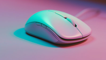 A white computer mouse on a pink and blue neon background. The mouse is a wired device with a scroll wheel and buttons.の写真素材