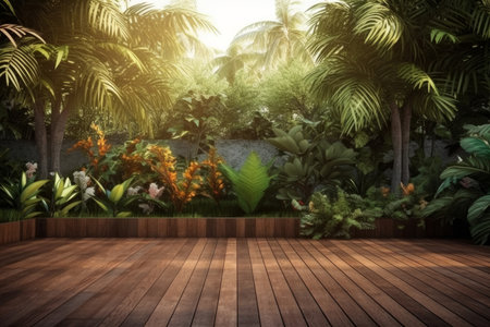 A serene tropical garden with lush foliage, sunlight filtering through palm trees, and a wooden deck inviting you to relax and enjoy the tranquil atmosphere.の写真素材